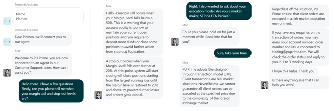 La mia conversazione con l'assistenza clienti di PU Prime