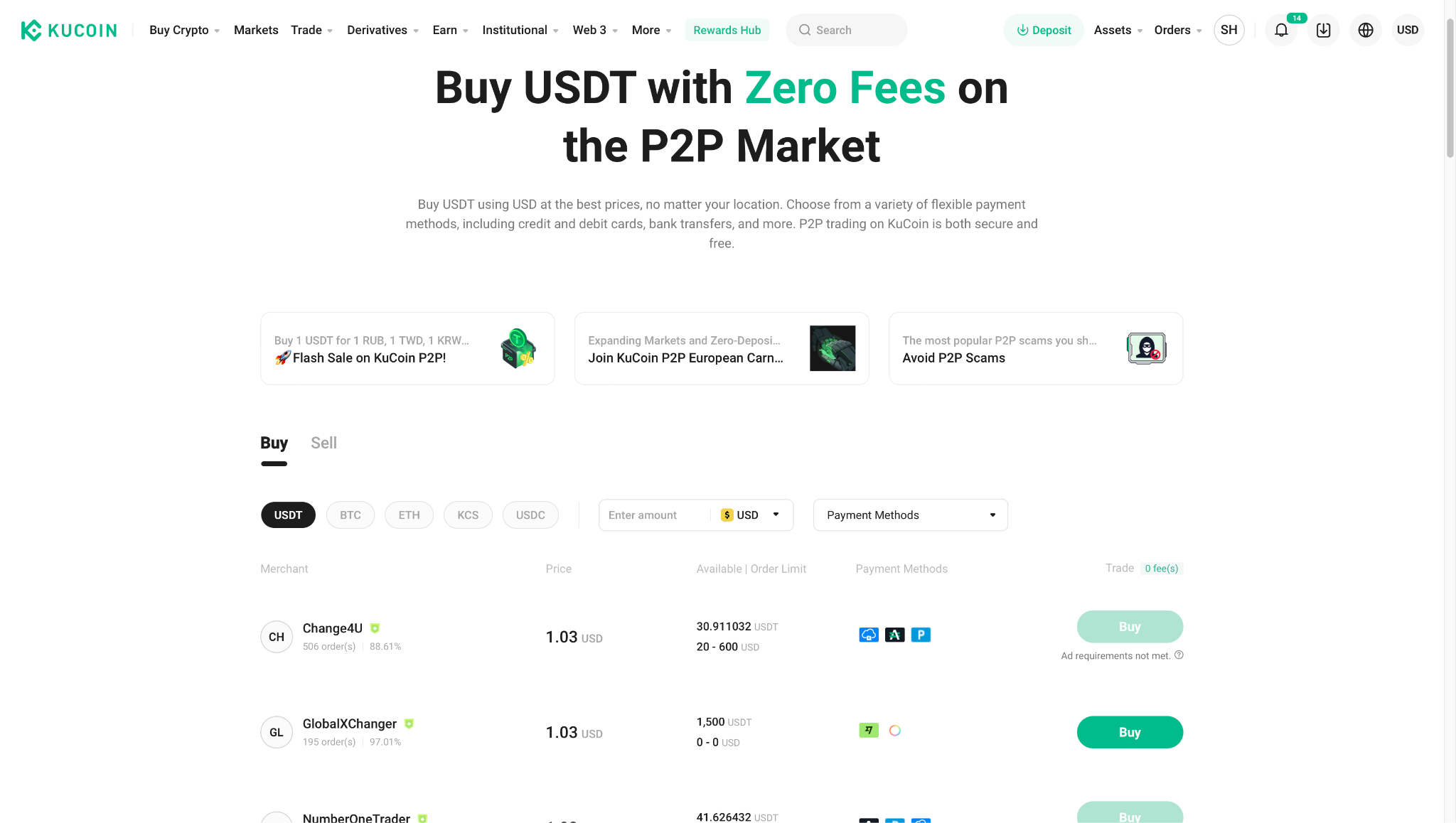 L’interfaccia di trading P2P di KuCoin