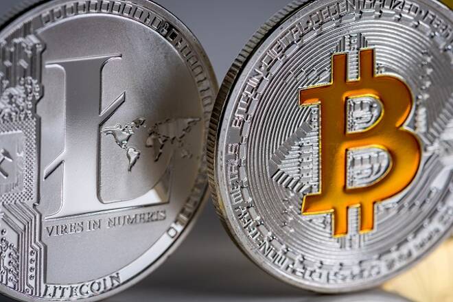 Cryptocurrency coins - Litecoin, Bitcoin. Virtual currency, money and payment systems