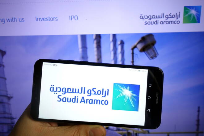 Saudi Aramco logo displayed on mobile phone