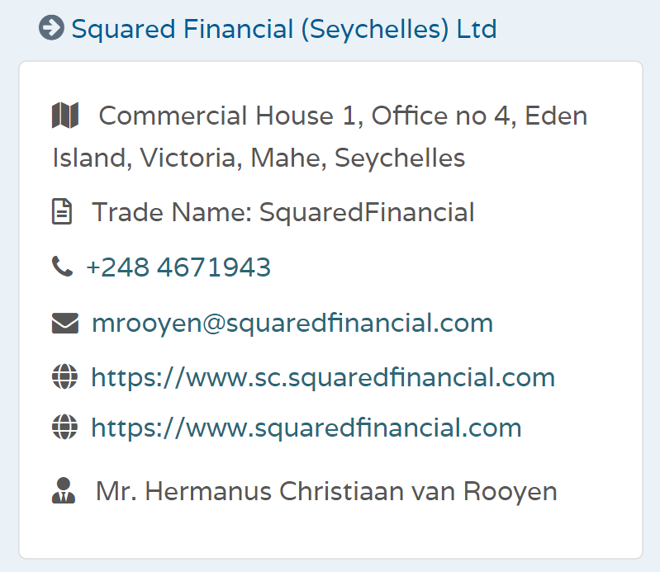 معلومات الترخيص الخاص بشركة SquaredFinancial المحدودة (سيشيل) على موقع fsaseychelles.sc