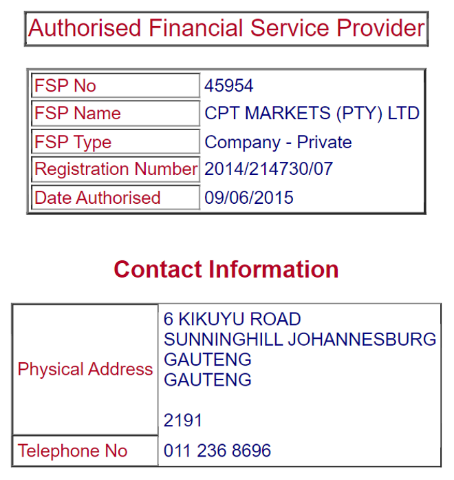 معلومات ترخيص كيان Capital Markets PTY Ltd على موقع fsca.co.za