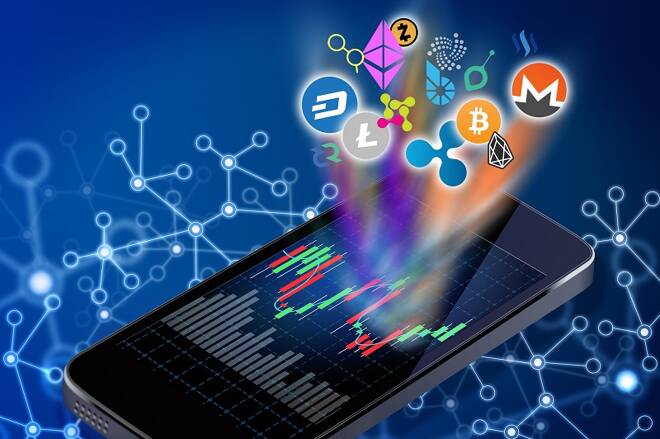 Bild Mobil mit Chart und Kryptocoins