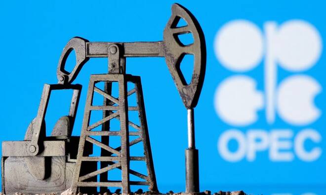 ARCHIV: Ein 3D-gedruckter Ölpumpenheber vor dem OPEC-Logo in dieser Illustration