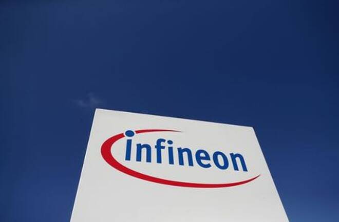 The logo of semiconductor manufacturer Infineon is seen at its