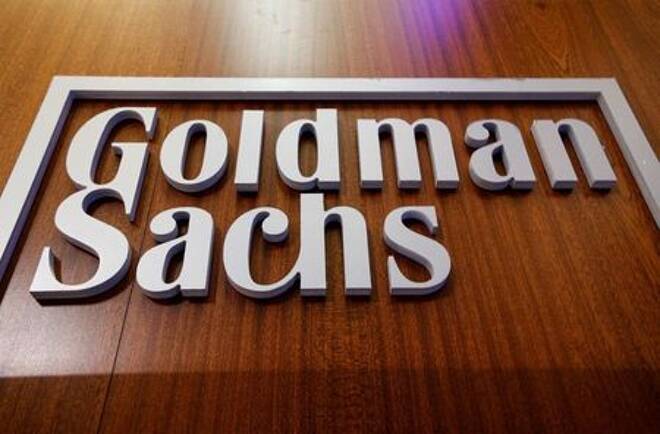 Das Firmenlogo von Goldman Sachs auf dem Parkett der