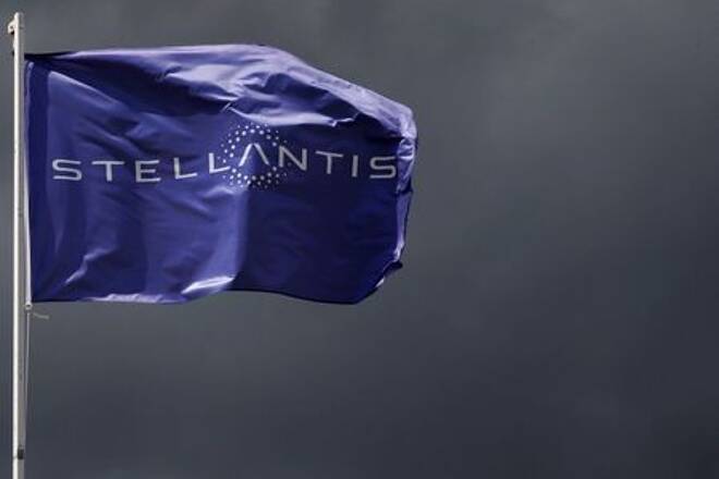 A flag with the logo of Stellantis is