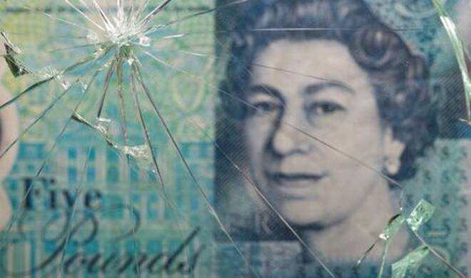 Eine Britische Pfund-Banknote hinter zerbrochenem Glas in einer Illustration,