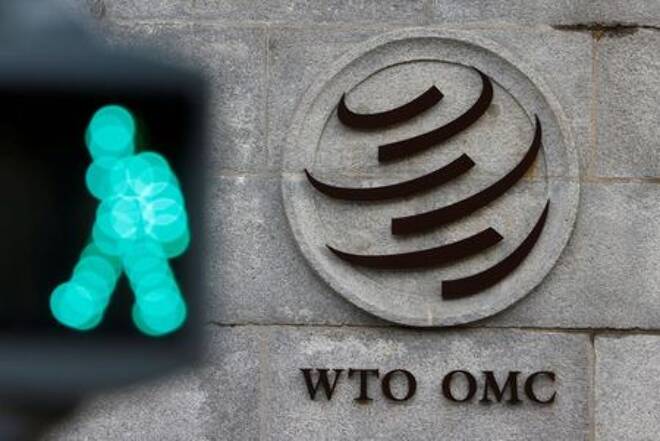 Das Logo der Welthandelsorganisation (WTO) vor ihrem Hauptsitz in